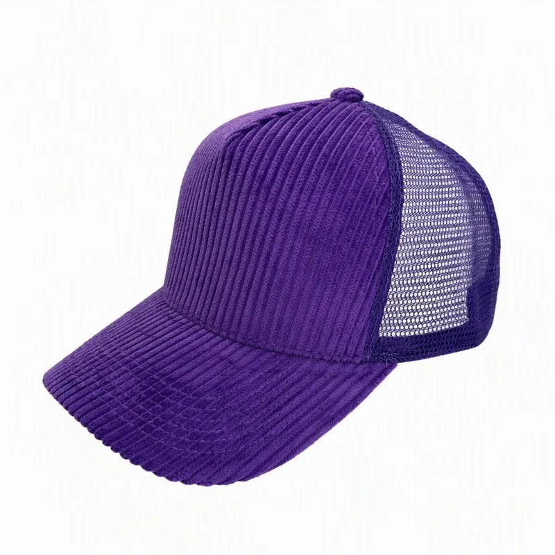 Corduroy trucker hat with mesh back, side view