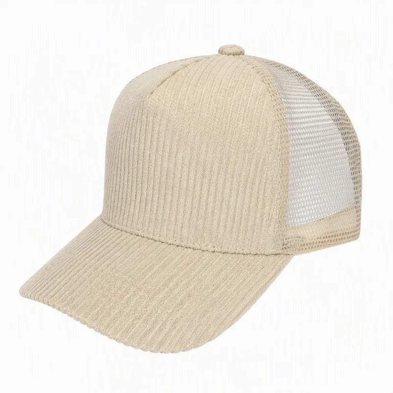 Corduroy trucker hat mesh panel close-up