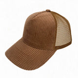 Corduroy trucker hat snapback closure detail