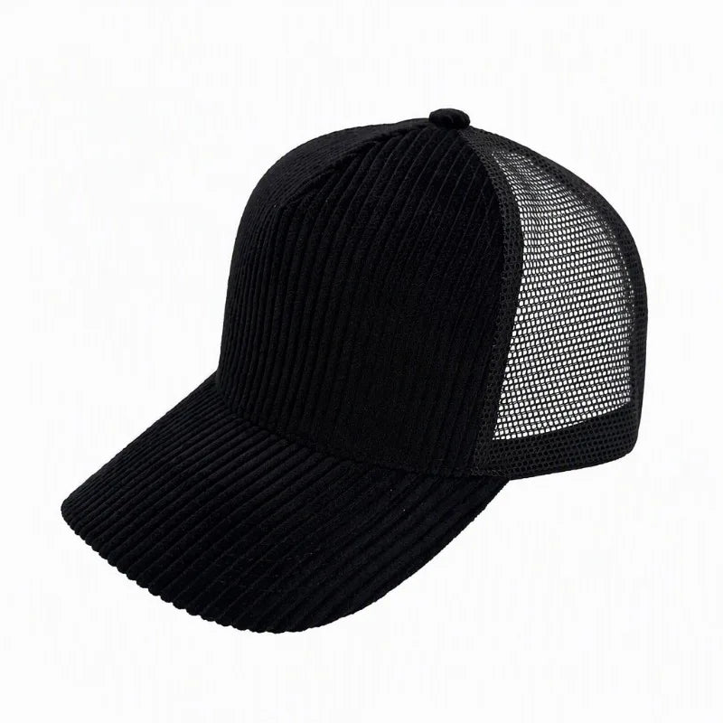 Corduroy trucker hat variant, angled view