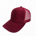Corduroy trucker hat worn, front view