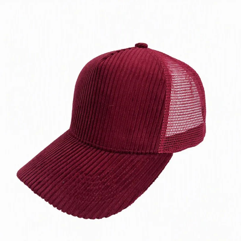 Corduroy trucker hat worn, front view