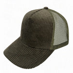 Corduroy trucker hat worn, three-quarter view