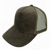 Corduroy trucker hat worn, three-quarter view