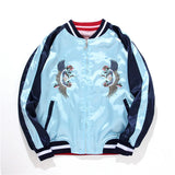Stand collar and zip closure detail on satin sukajan bomber jacket