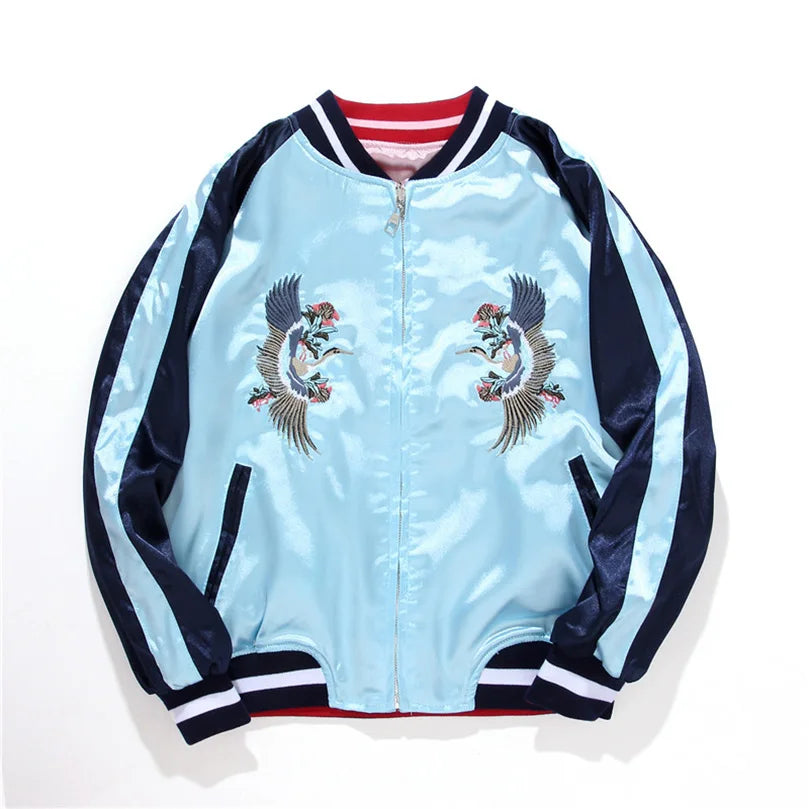 Stand collar and zip closure detail on satin sukajan bomber jacket