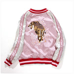 Crane embroidery detail on satin sukajan bomber jacket
