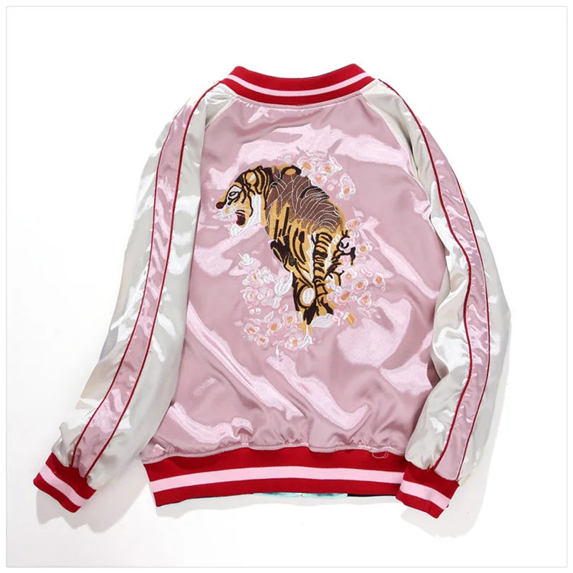 Crane embroidery detail on satin sukajan bomber jacket