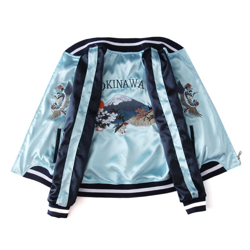 Reversible sukajan bomber jacket shown reversed, front view