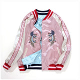 Reversible crane embroidered satin sukajan bomber jacket, side view