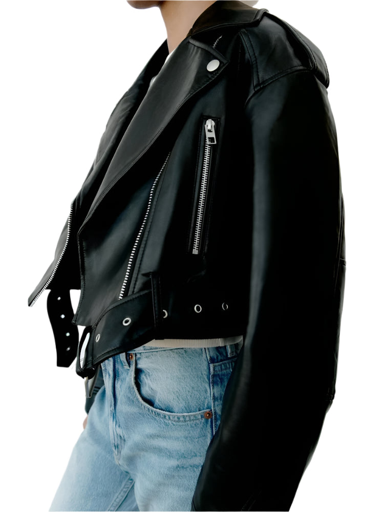 PU Leather Biker Jacket with Belt - Black Moto Coat