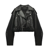 PU Leather Biker Jacket with Belt - Black Moto Coat