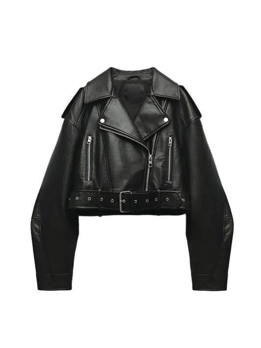 PU Leather Biker Jacket with Belt - Black Moto Coat