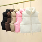 Cropped quilted puffer vest with stand collar — front view