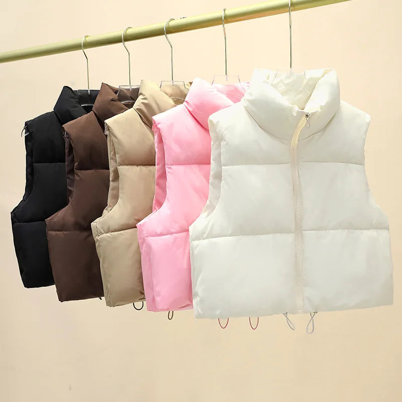 Cropped quilted puffer vest with stand collar — front view