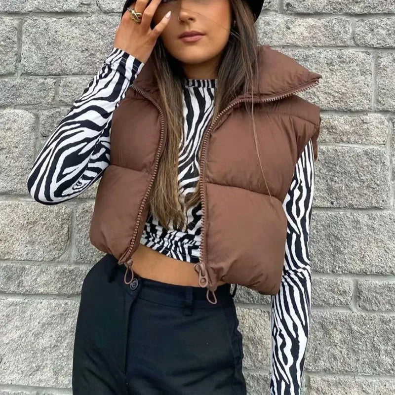 Cropped quilted puffer vest — side view