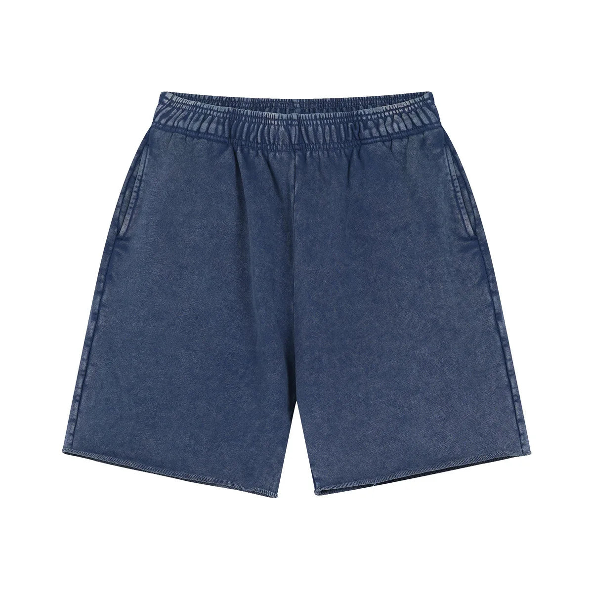 Dark Blue Acid wash sweat shorts on model, close-up