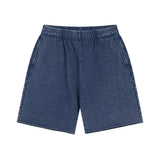 Dark Blue Acid wash sweat shorts on model, close-up