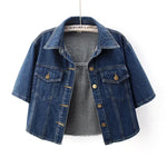 Dark Blue Women's short sleeve cropped denim jacket, styled outfit view