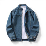 Washed denim zip jacket worn, angled view