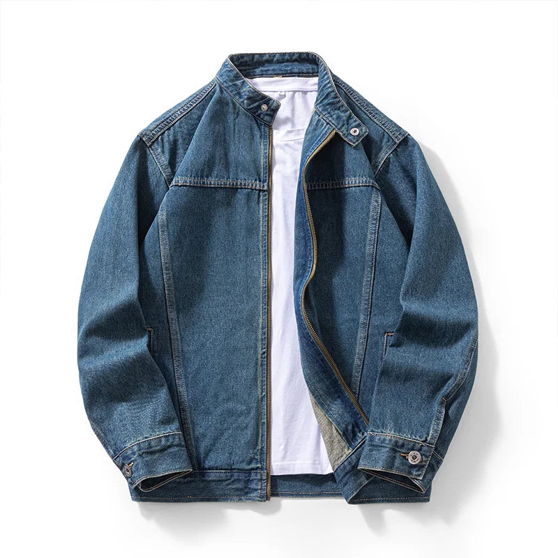 Washed denim zip jacket worn, angled view