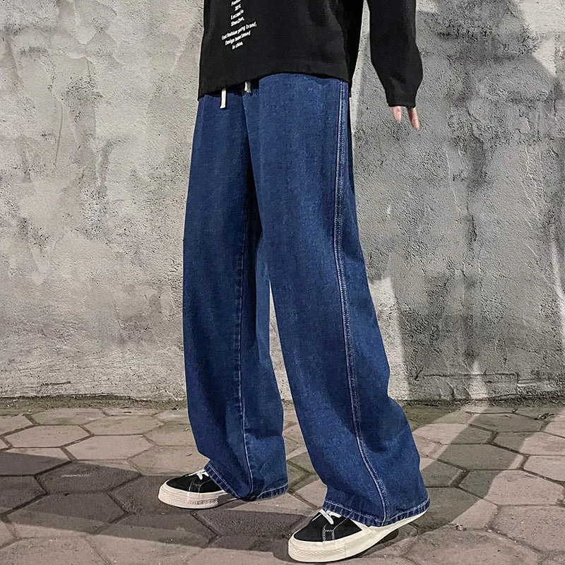 Dark Blue Men's wide-leg loose jeans, full-length view