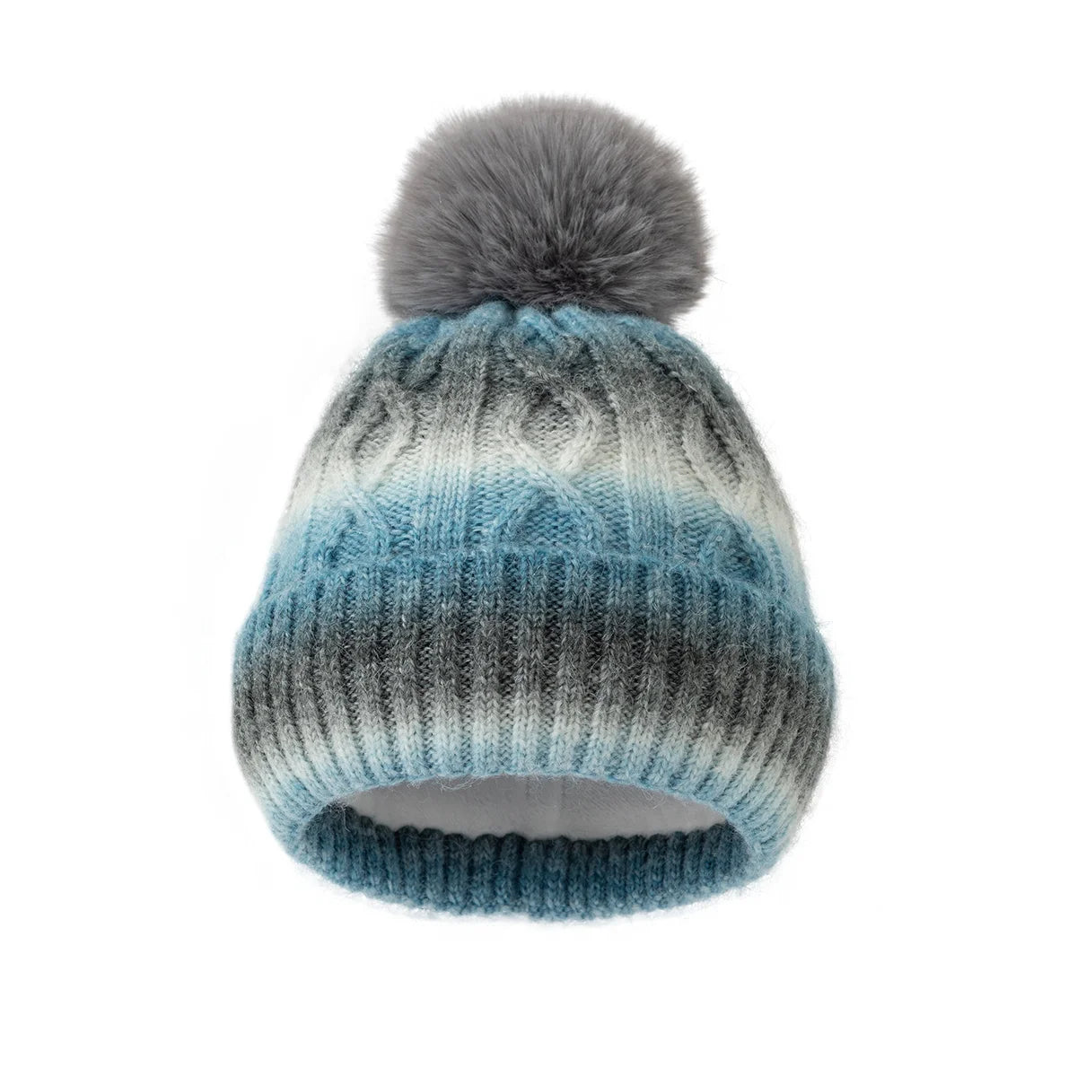 Knitted beanie with a gray pom-pom on a white background