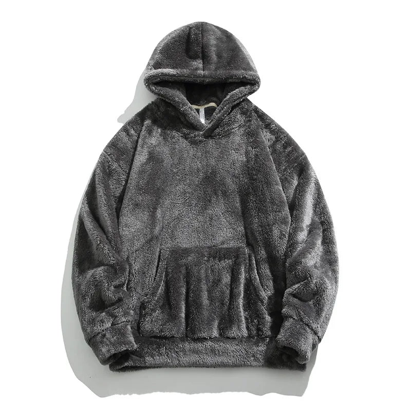 Dark Gray Oversized shaggy fleece hoodie, worn side view