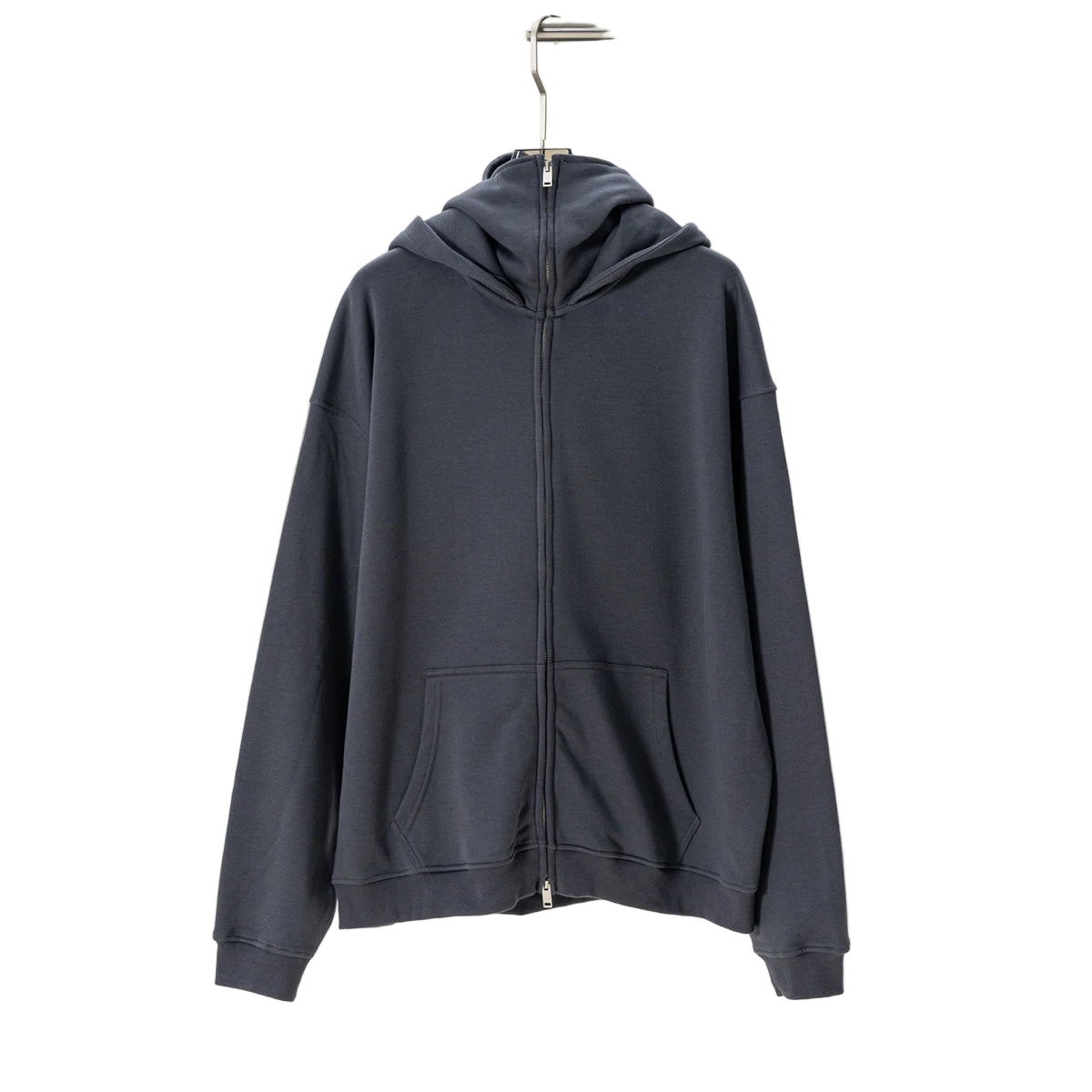 Dark gray hoodie on a hanger against a white background