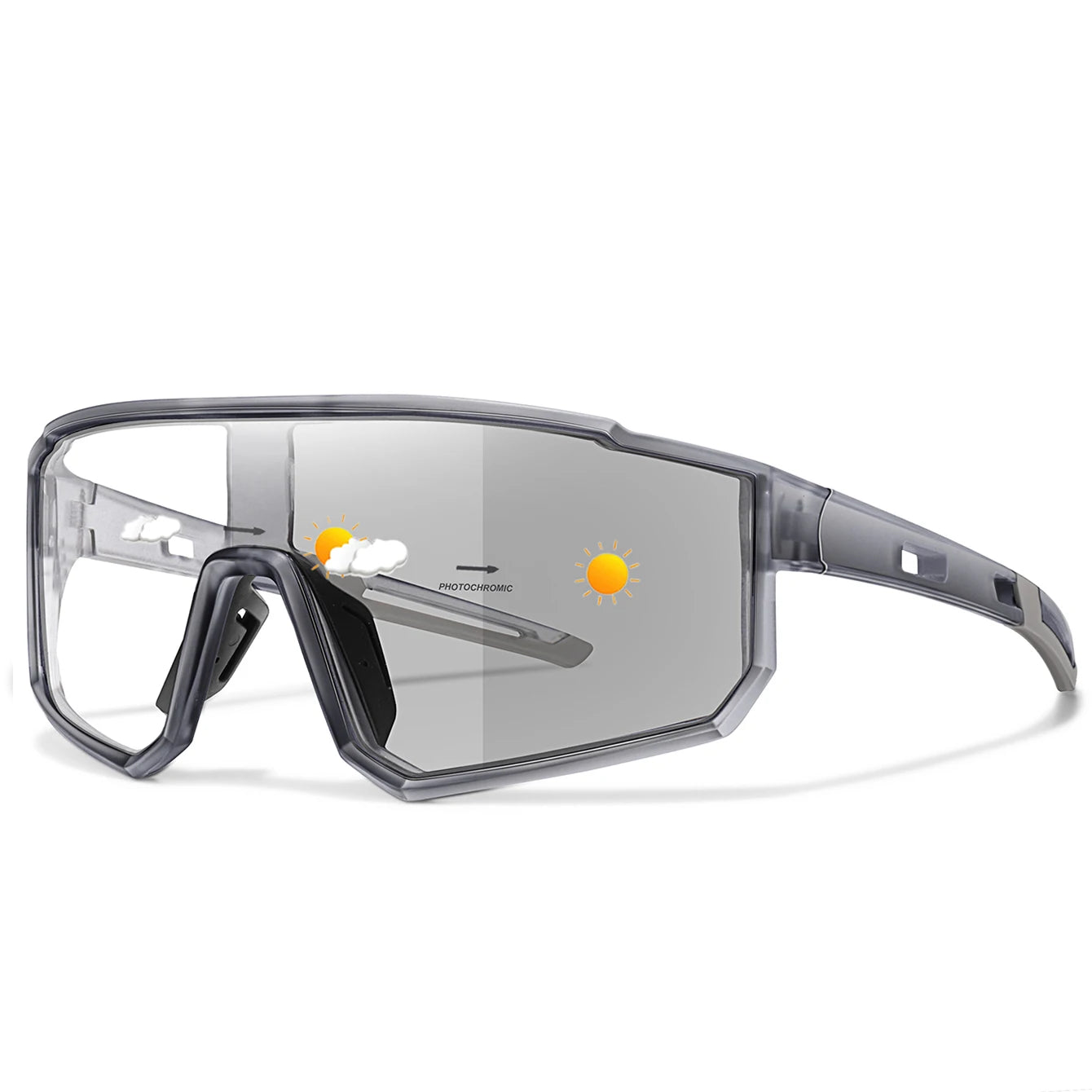 Dark Gray Wraparound sport sunglasses shown at angle with photochromic lens shading diagram