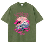 Dark Green Model wearing women's distressed cartoon graphic tee, side angle