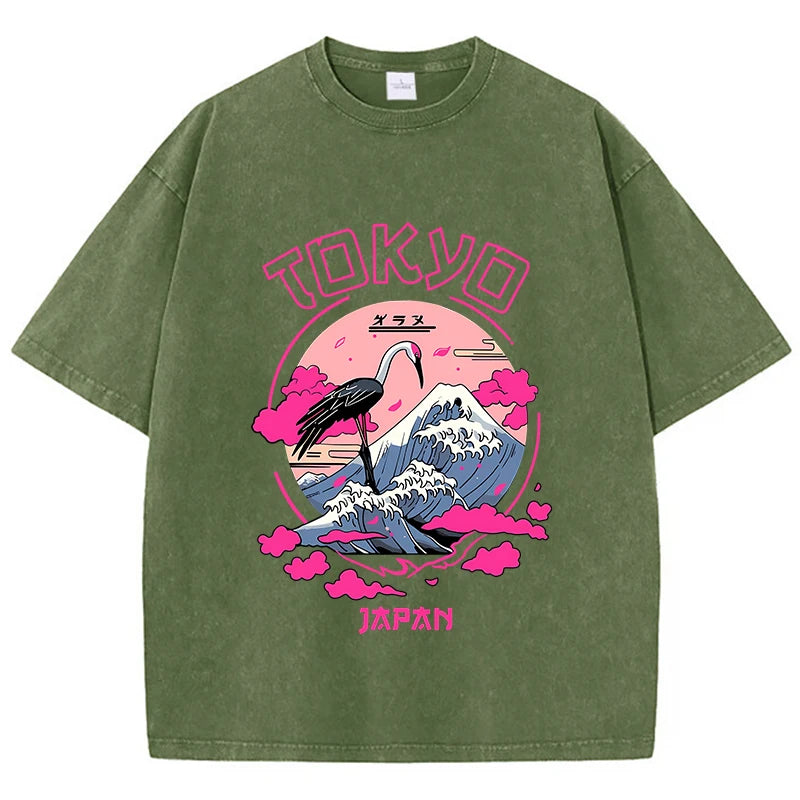 Dark Green Model wearing women's distressed cartoon graphic tee, side angle