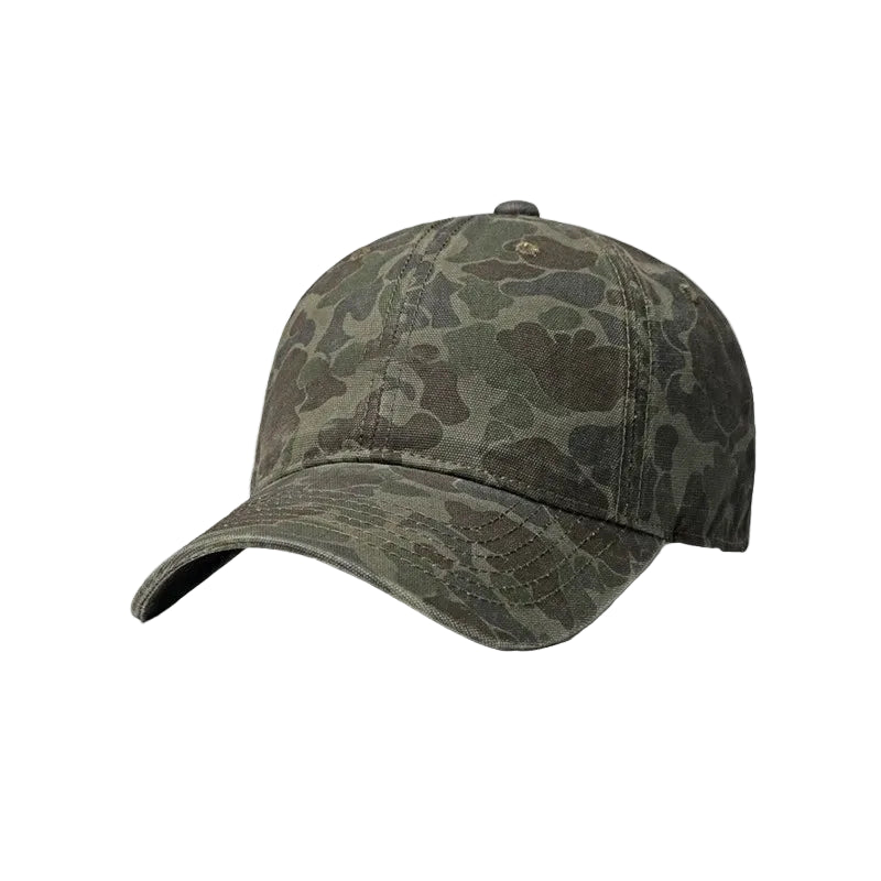 Camouflage-patterned baseball cap on a white background