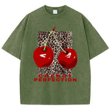 Dark Green Fabric and print texture detail of cherry leopard streetwear tee