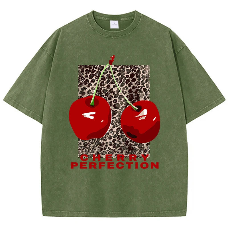 Dark Green Fabric and print texture detail of cherry leopard streetwear tee