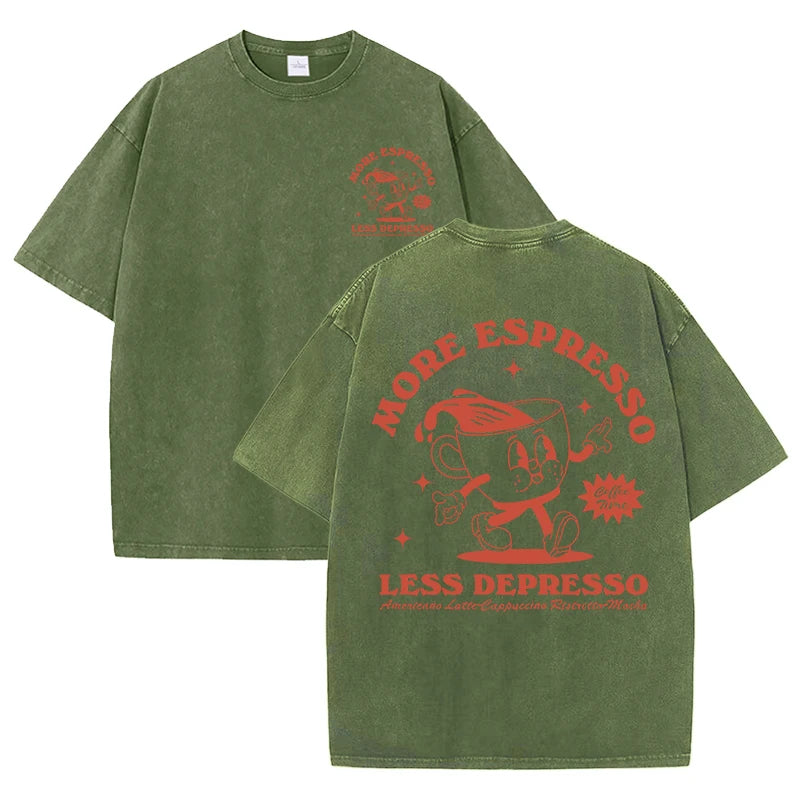 Dark Green More Espresso Less Depresso cotton tee — cropped lifestyle view