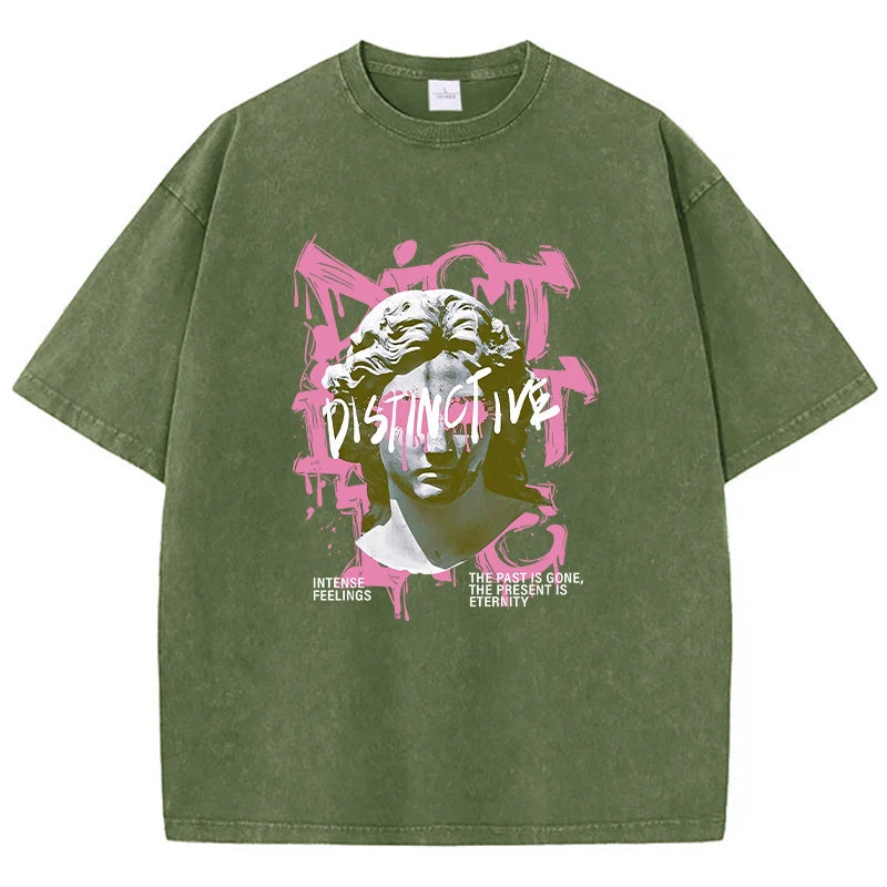 Dark Green Detail shot of oversized women's graphic tee fabric and print texture