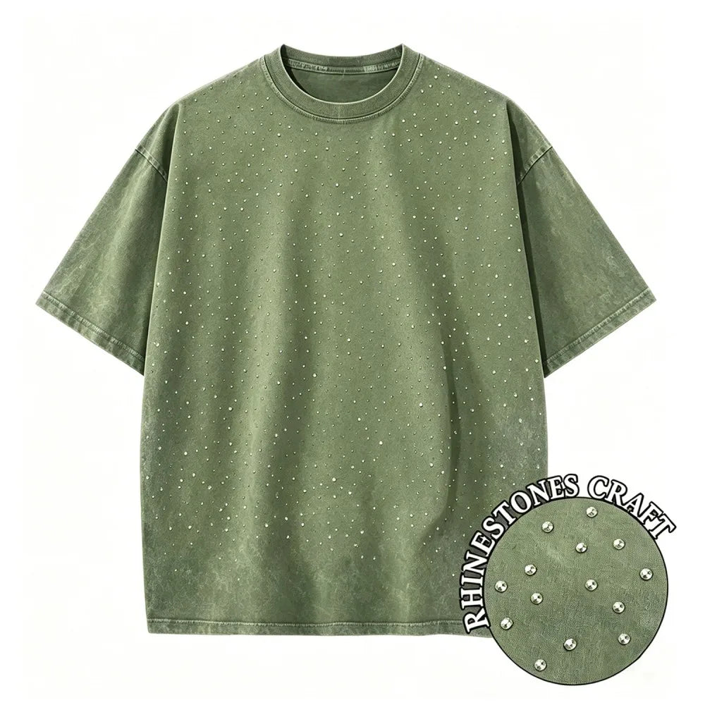 Dark Green Rhinestone vintage wash oversized distressed tee — styled view