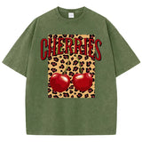 Dark Green-Xy379 Cherry leopard graphic tee on model, full length street style shot