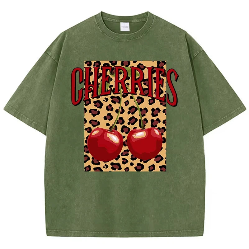 Dark Green-Xy379 Cherry leopard graphic tee on model, full length street style shot