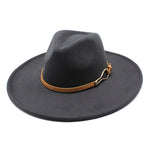 Dark Grey Fedora hat displayed at three-quarter angle showing flat brim and faux-leather band