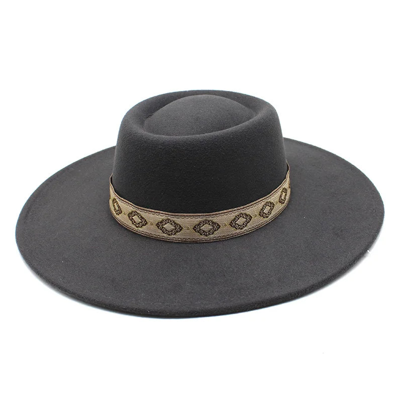 Dark grey wide-brim felt fedora hat, lifestyle shot