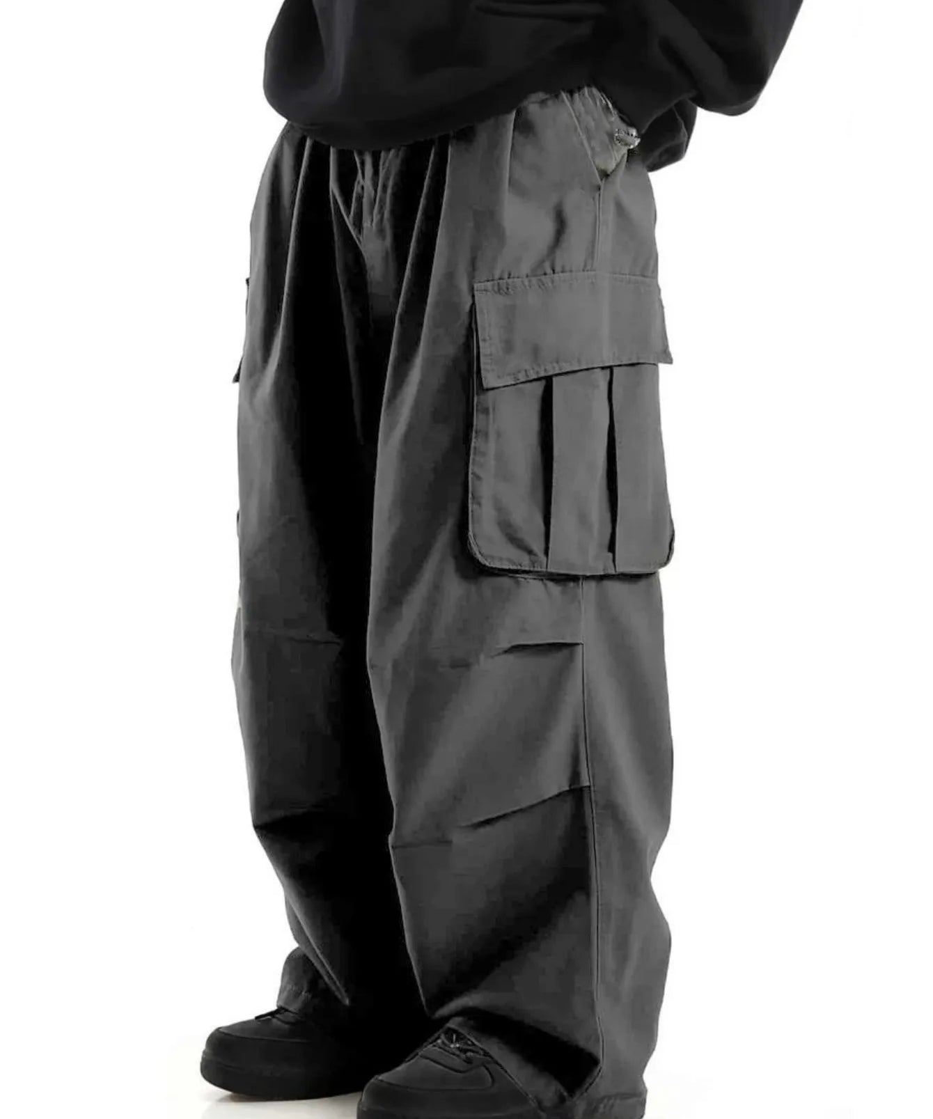 Dark Grey Wide-leg cargo pants, leg opening detail