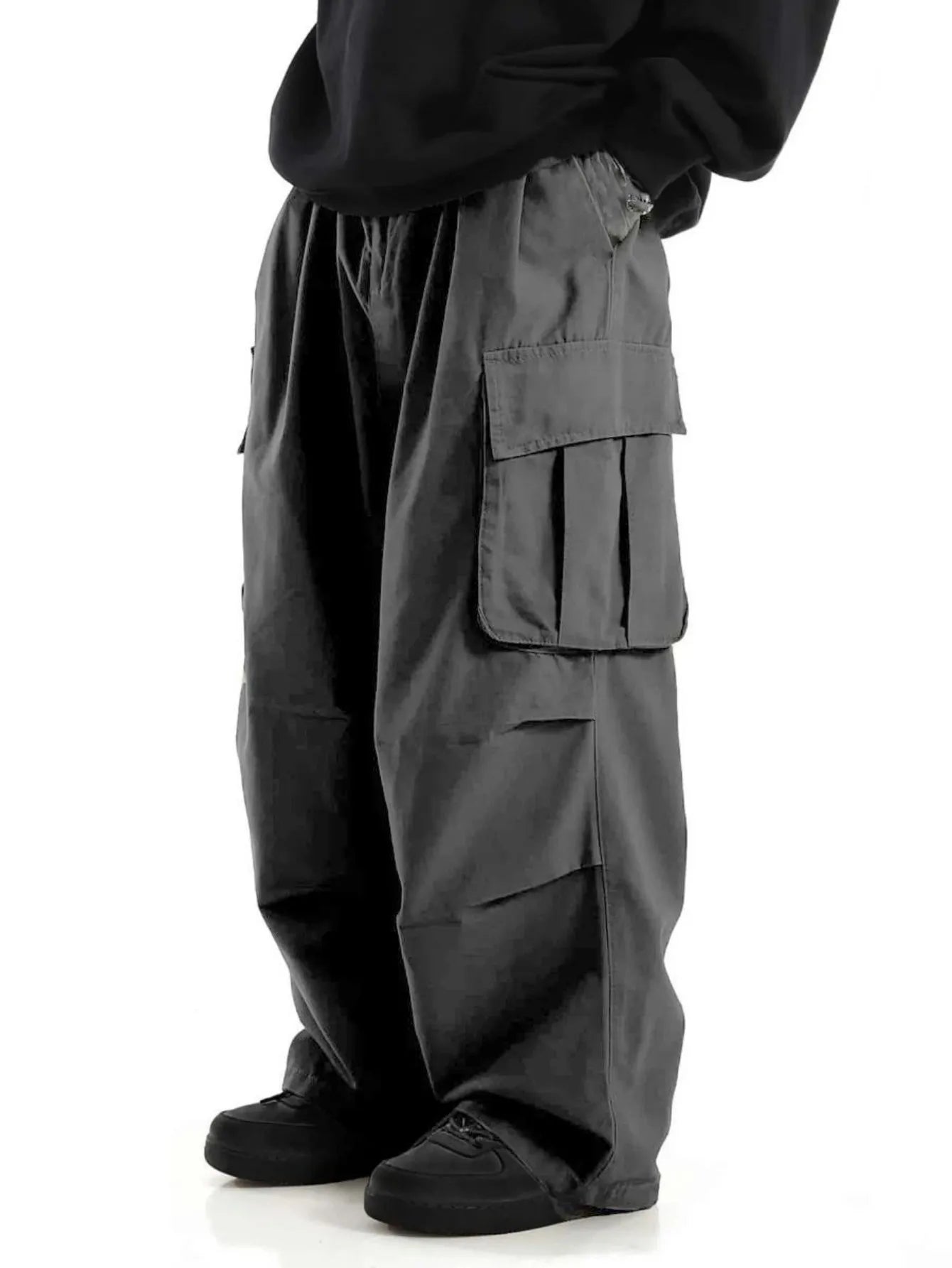 Dark Grey Wide-leg cargo pants, leg opening detail