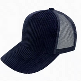 A dark navy blue trucker cap featuring a ribbed corduroy front and brim, with a matching mesh back.