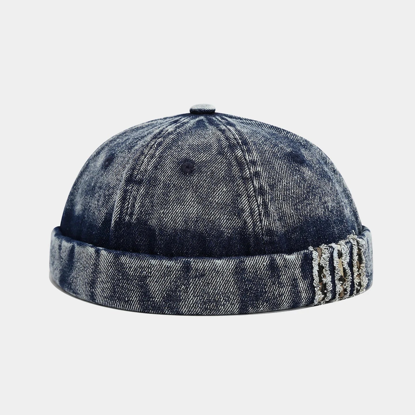 Deep Blue Distressed denim docker cap, back view