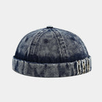Deep Blue Distressed denim docker cap, back view
