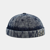 Deep Blue Distressed denim docker cap, back view