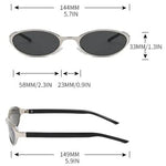 Sunglasses with dimensions and specifications displayed on a white background