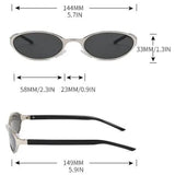 Sunglasses with dimensions and specifications displayed on a white background